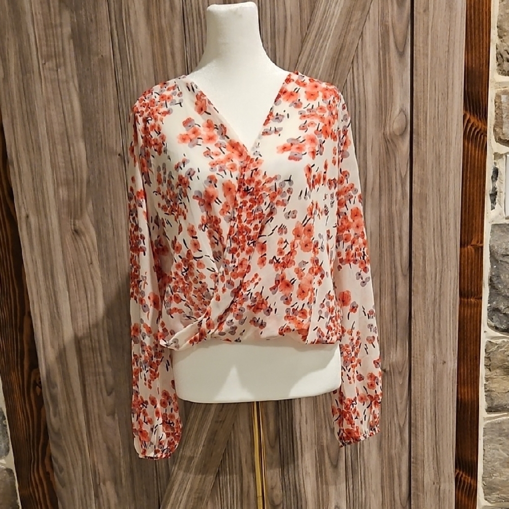 Lucca Couture White Floral Wrap Blouse Long Sleeve